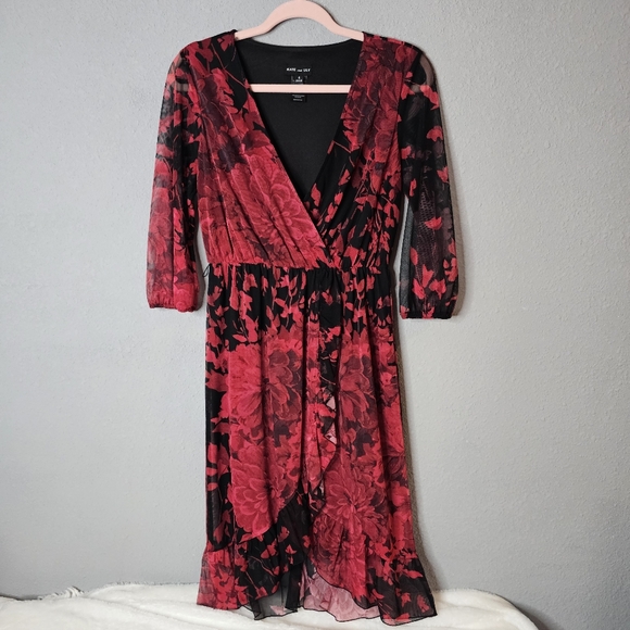 Kate And Lily Dresses & Skirts - Kate and‎ Lily Dress Womens 4 Mesh Floral V Neck Sheer Sleeve Ruffle Midi Dark
